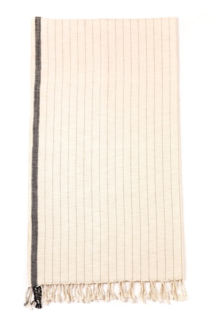 natural colored Turkish towel with grey thin stripes and a thick horizontal stripe
