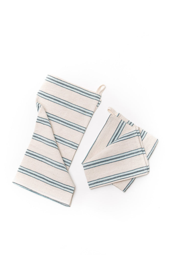hand towel with aqua green thin stripes