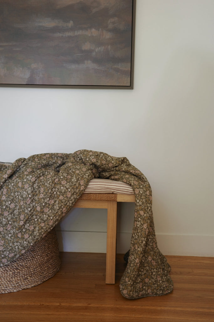 Organic Sherpa Cottage blanket by House no. 23 on wooden bench — warm layered home styling by House No 23