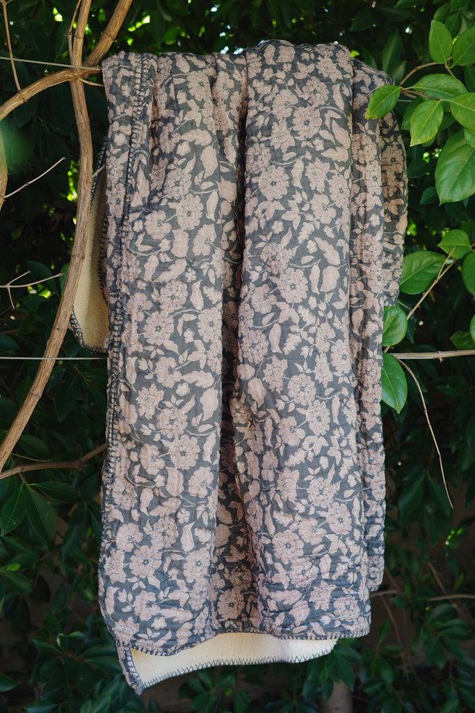 Luxurious close-up of the Anthracite Floral Sherpa Cottage blanket, featuring delicate lilac florals woven into ultra-soft, plush Sherpa for a cozy, elevated feel