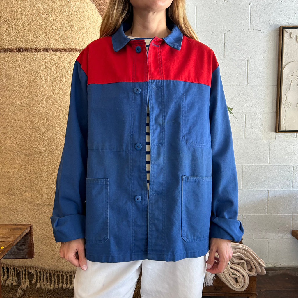 French Vintage Work Jacket with red and blue
