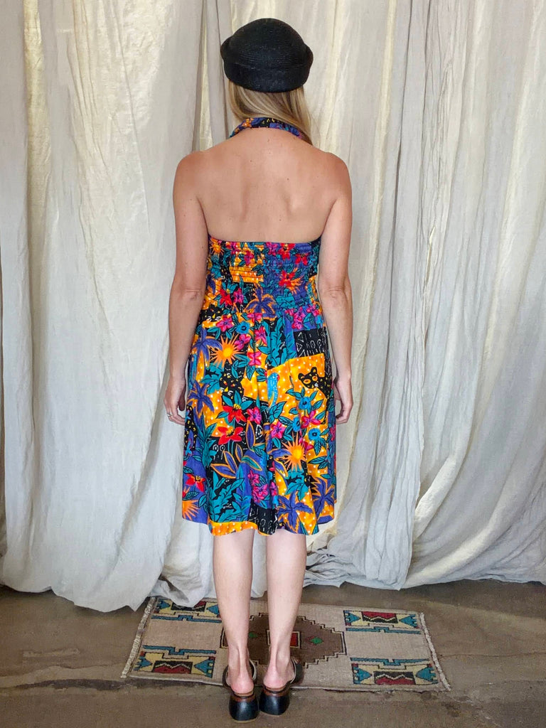 70s halter neck dress '70s Huk-a-Poo Floral Dress-XS/S La Poubelle Vintage Lace Patchwork Length Vintage 70s Disco Halter Dress