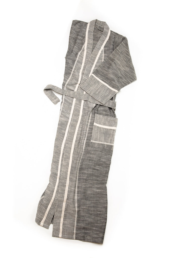 dark grey robe with cream colored thin stripes