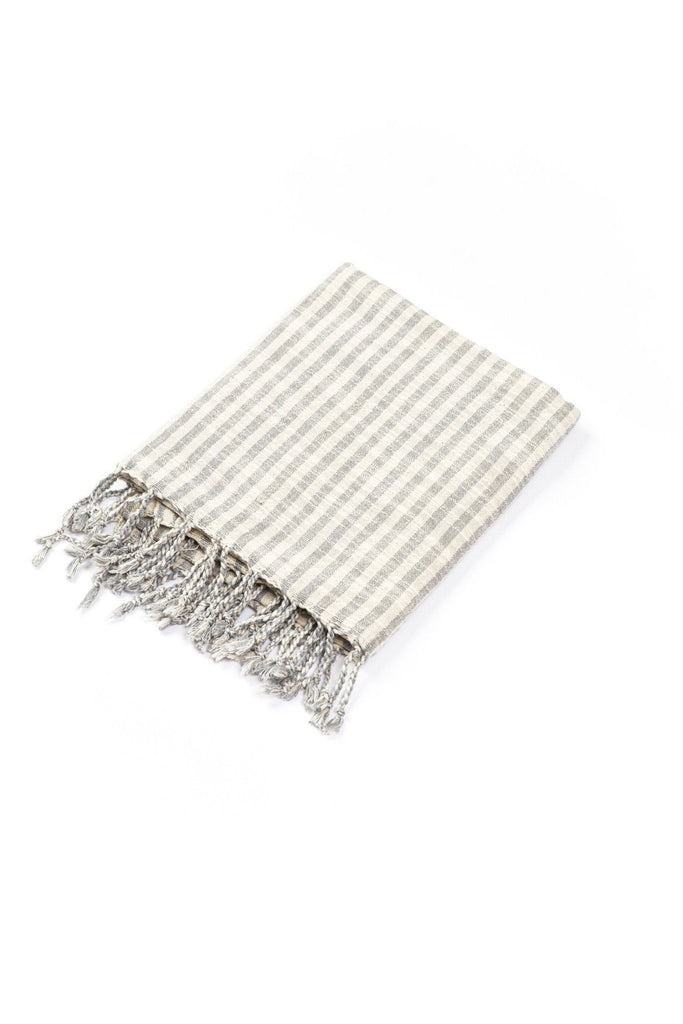 grey and cream striped Turkish towel with tassel fringes 